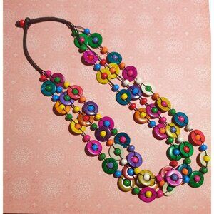 Handmade Multicolor Wood Beaded Necklace Boho 24 In Length Statement Jewelry